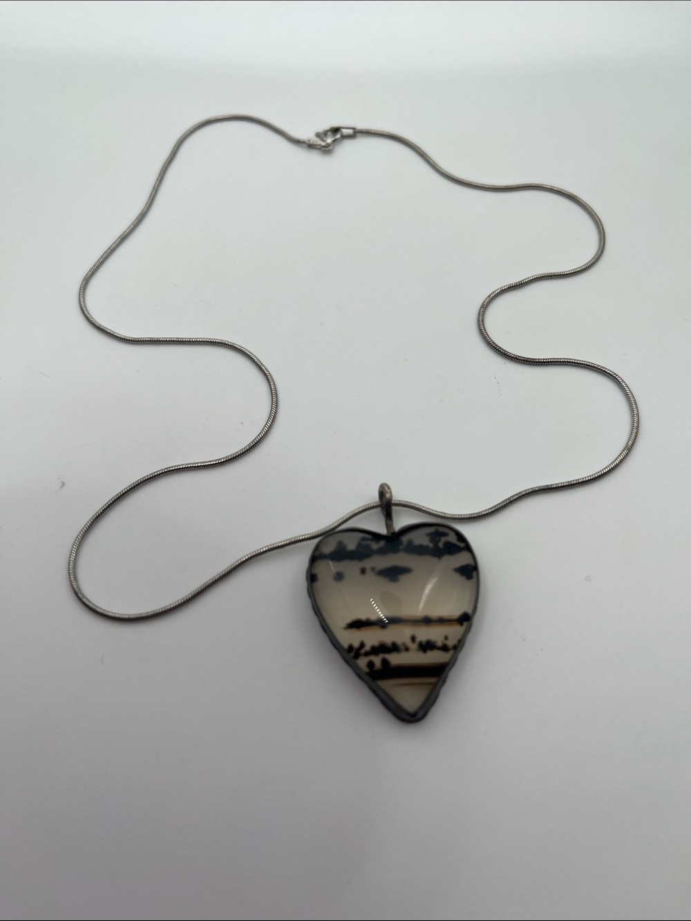Vintage Sterling Silver 925 Montana Dendritic Agate Heart Pendant Necklace ā 18"